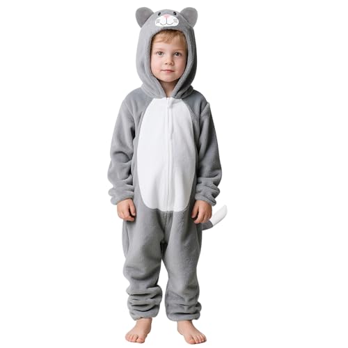 JBTNBX Gray Cat Animal Jumpsuit for Babies and Toddlers Soft Plush Onesie Romper Cute Unisex Animal Theme Outfit for Holiday and Play (100)
