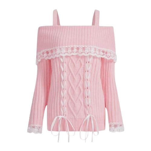 Felcia Women's Elegant Off Shoulder Jumper Y2k Kawaii Lace Trim Long Sleeve Cable Knit Sweater Pullover Streetwear Aesthetic Clothes (B-Pink, S)