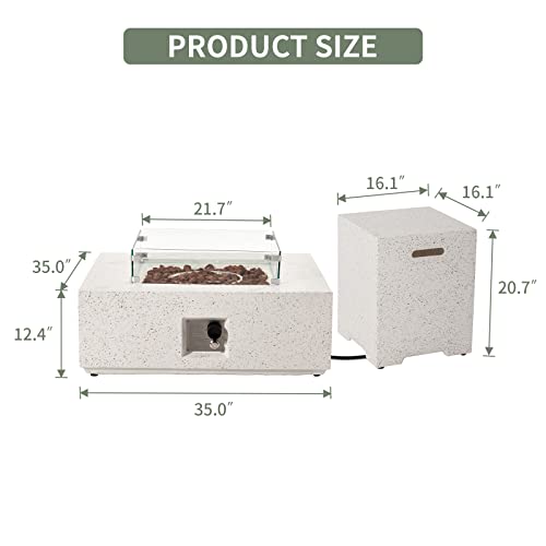 COSIEST 35-inch Square Outdoor Sandstone Propane Fire Pit w Wind Guard and Side Table, Certified, 50,000 BTU Stainless Steel Burner, Free Lava Rocks and Rain Cover, Metal Lid(Beige)