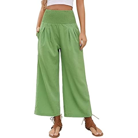 QIANXIZHAN Women's Cropped Wide Leg Pants, High Waisted Palazzo Pants Summer Boho Flowy Beach Lounge Trousers Fruit Green XL Cover