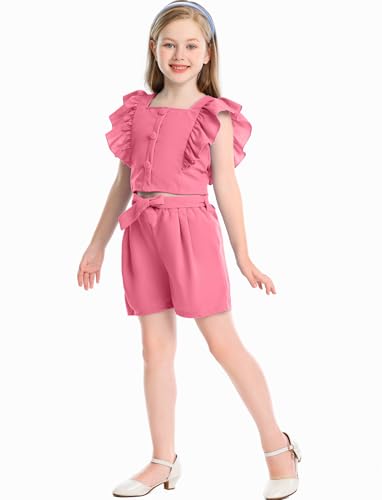 Image of Toddler Girls Two Piece Square Neck with Button Ruffled Sleeveless Top and Bow Tie Waistband Short Sets