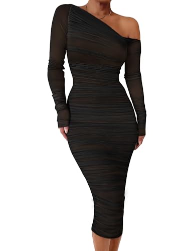 GOKATOSAU Women's Elegant Long Sleeve One Off Shoulder Mesh Full