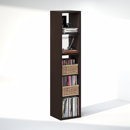 Image of Furinno Cubicle Record Player Stand, 5-Cube Record Storage, Dark Oak | Vinyl Storage, 1.2 inchInch Extra Thick, Open Back Media Shelf for CD DVD Bluray Game Disc, for Living Room, Home Office