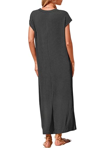 KIRUNDO Womens Summer Dresses Ribbed Knit Henley Short Sleeve Maxi Dress Button Up Loose Slit Beach Vacation Sundress2