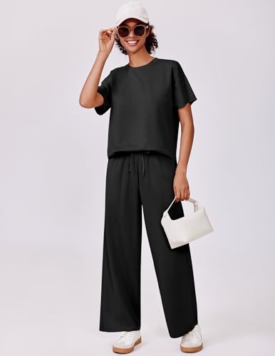 PINSPARK 2 Piece Sets for Women Soft Short Sleeve Matching Lounge Set Wide Leg Pants Tracksuit Travel Summer Outfits 20253