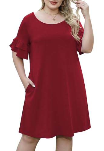 Nemidor Women's Ruffle Sleeve Jersey Knit Plus Size Casual Swing Dress with Pocket