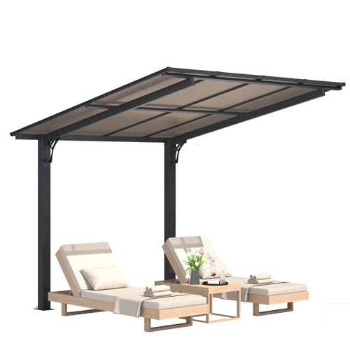 Image of YODOLLA 2.4x2.4m Aluminium Lean-to Gazebo, 2-Post Design Wall-Mounted Hardtop Roof Pergola, Heavy Duty Metal Awning for Garden,Black