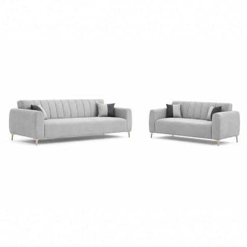 Image of Habibi Rich Velvet Suede 3+2 Seater Sofa Set | Spacious Soft Touch Comfort Seating | 5 Person Seating | Modern Living Room Sofa Set (Light Gray)