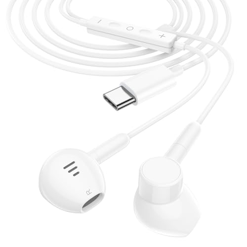 Écouteurs USB C pour iPhone 16 Pro Max, Samsung avec Câble, Écouteurs Intra-Auriculaires avec Microphone et Contrôle du Volume, Ecouteurs Stéréo HiFi pour iPhone 15, Samsung Galaxy S25, S24, S23, S22