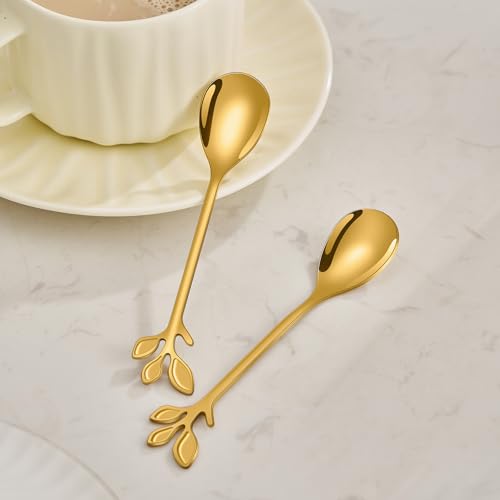 Ansaw IT-ICE CREAM-05H-704 Elegant Gold Leaf Coffee Spoons - 10-Piece, 4.7 Inch Mini Stainless Steel Espresso & Dessert Tea Spoons thumb #3