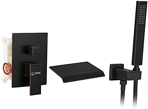 BWE Wall Mount Tub Filler with Handheld Sprayer Shower Oil Rubbed Bronze Waterfall Spout Bathtub Faucet Set with Shower System Trim Kit Solid Brass Rough-in Valve Included High Flow Rate