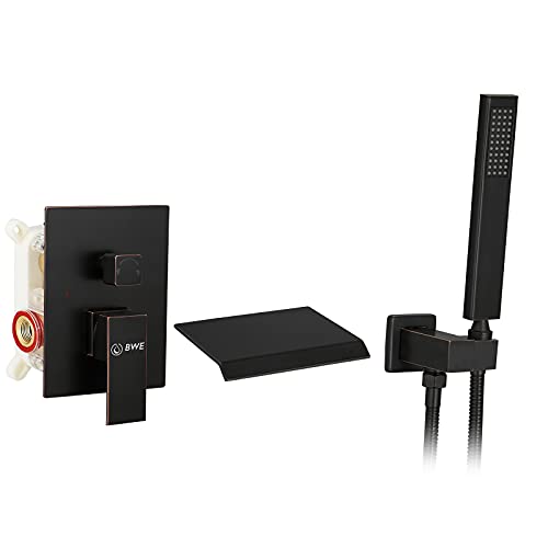 Bwe Wall Mount Tub Filler With Handheld Sprayer Shower Oil Rubbed Bronze Waterfall Spout Bathtub Faucet Set With Shower System Trim Kit Solid Brass Rough-In Valve Included High Flow Rate #TOP28