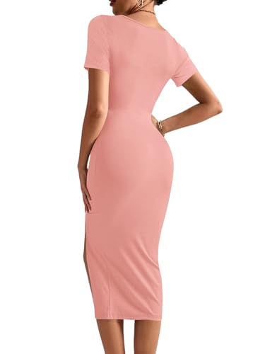 Image of Rooscier Women's Twist Cutout Waist Split Crewneck Short Sleeve Bodycon Midi Dress