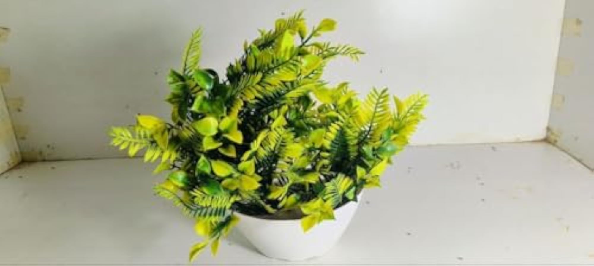 Artificial Yellow-Green Plant with Mixed Foliage in White Pot