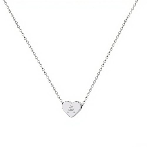 Image of Initial Necklace for Women Dainty Necklace Initial Letter Necklaces Heart Necklace for Women Letter Pendant Charm (Letter A, Silver)