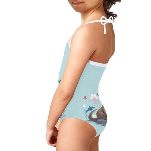 Image of Cute Backless One Piece Swimsuits for Girls Adjustable Halter Strap Bathing Suit Beach Swimwear for Girls