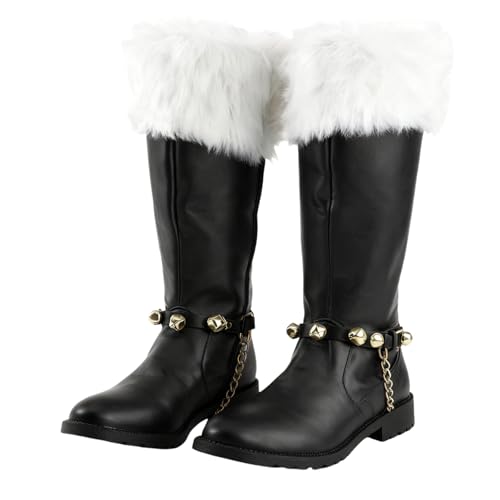 UPUPCOS Christmas Santa Claus Boots Mens Knee-High Bell Boots White Plush Shoes Halloween Cosplay Leather Shoes