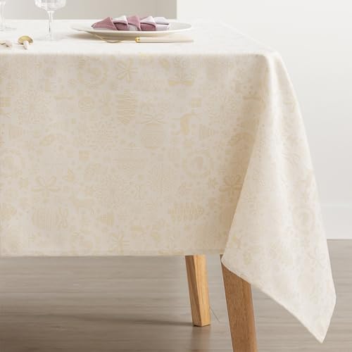 GAMUSI Tablecloth Christmas Jacquard Golden Thread Dining Table Rectangular Christmas Decoration 140 x 240 cm, Ecru