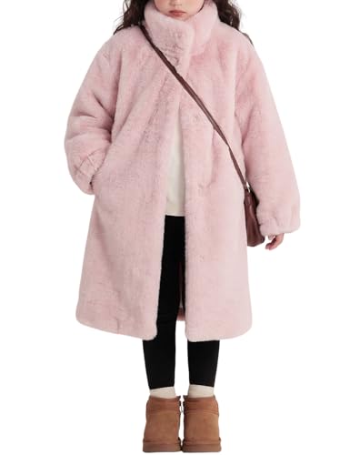 ACTCHIC Girls Faux Fur Coat Long Sleeve Winter Fleece Fluffy Jacket Stand Collar Casual Trendy Warm Outerwear with Pockets(LightPink 160)