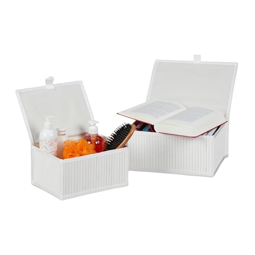Relaxdays Aufbewahrungskorb, 2er Set, 2 Größen, mit Deckel, Bad, Kinderzimmer, Bambus & Stoff, Aufbewahrungsbox, weiß
