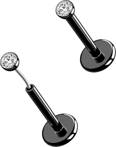 OUFER 2Pcs Nose Studs, 18G G23 Solid Titanium Threadless Nose Earrings Flat Back Tiny CZ 2MM Black Nose Helix Cartilage Piercing Jewelry for Women Men-6MM