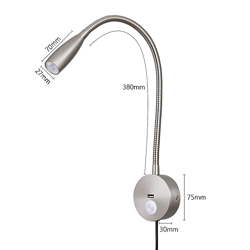 Image of LED Bedside Touch Dimmable Wall Mounted Reading Light - Night Light With USB Flexible Gooseneck - Brushed Nickel
