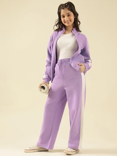 Image of Li'l Tomatoes Girls Solid Fleece Winter Track Suit | Zip-Up High Neck Jacket & Wide-Leg Track Pants | Casual Co-Ord Set | 9-16 Years