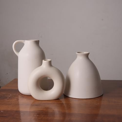 Image of Modern Ceramic Flower Vase Set of 3 | Nordic Donut & Jug Design Decorative Vases | Matte White Home Decor for Living Room, Table, Shelf, Office | Pampas & Dried Flower Vase