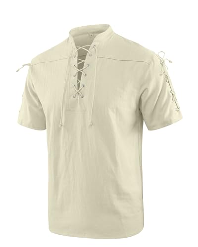 YAOBAOLE Camisa medieval para hombre, disfraz vikingo, camisa con cordones, estilo victoriano, steampunk, pirata, camisa para hombre, beige, M