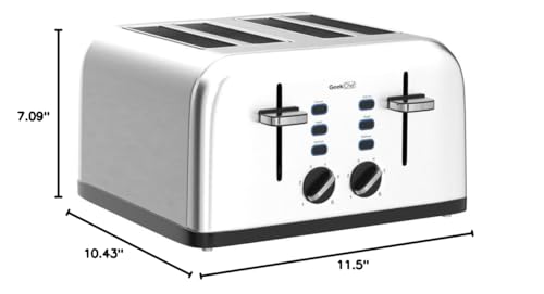 Toaster 4 Slice, Geek Chef Stainless Steel Toaster with Extra Wide Slots,4 Slot Toaster with Bagel/Defrost/Cancel Function, Dual Control Panel of 6 Toasting Bread Shade Settings, Removable Crumb Trays, High Lift Lever, ETL