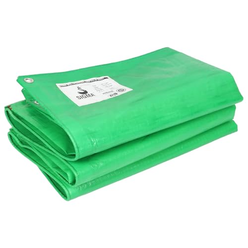 Image of SIGMA (LABLE) 9FT X 6FT 230 GSM Waterproof Tarpaulin Sheet Heavy Duty Tripal, UV Resistant, HDPE UV Treated Sun, Roof, Rain Protection Polyethylene Multipurpose Cover Green-White (Eyelets Every 3ft)