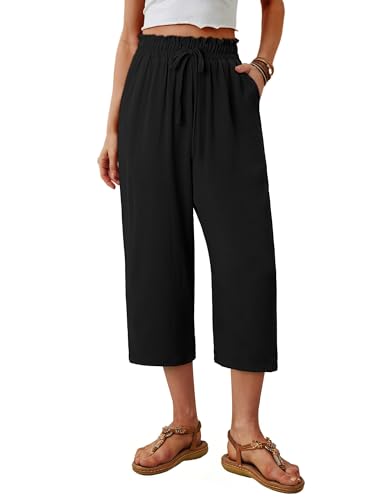 CRAZY GRID Womens Wide Leg Capri Pants Plus Size Casual Beach Summer Flowy Cropped Palazzo Loose High Waisted Dressy Drawstring Gaucho with Pockets Medium Black