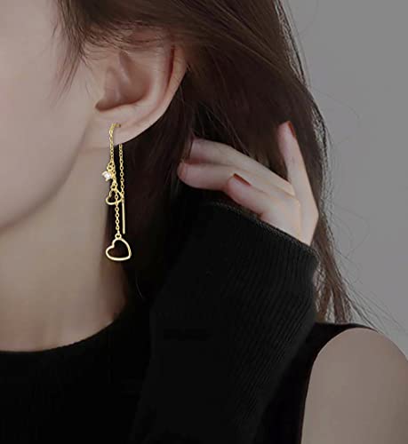 Reffeer Solid 925 Sterling Silver Love Heart Dangle Earrings Chain for Women Teens Heart Tassel Dangle Earrings Drops Threader2