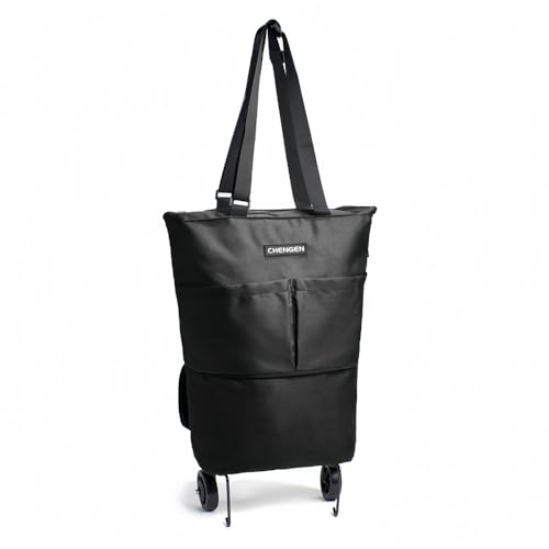 Klivex ポータブル防水手持ち折りたたみ式オックスフォード布トロリーショッピングカート、車輪付き、環境に優しいバッグ、ダブルジッパー、大容量、洗える、食料品の買い物、高齢者カート、敬老の日、ギフト (ブラック,大きい)