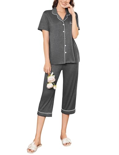 Image of Ekouaer Capri Pajamas for Women Short Sleeve Button Down Sleepwear Comfy Lounge Set 2-Piece Pants Pjs | Capri Pants With Pockets,Chest Pocket,Notch Collar,Contrast Pipings,Sleepwear For Home Loungwear,Wedding,Party&Breastfeeding