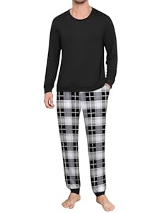 Ekouaer Herren Schlafanzug Lang Pyjama Langarm Winter Nachtwäsche Schlafanzüge für Männer Zweiteiliger Sleepwear mit Bündchen und Taschen,Schwarz1,L