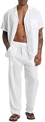SIENDIU Men's Beach Clothes 2 Piece Outfits Sets Casual Short Sleeve Button Down Shirt Yoga Pants Vacation Suit Summer linen