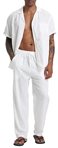 Men's Beach Clothes 2 Piece Outfits Sets Casual Short Sleeve Button Down Shirt Yoga Pants Vacation Suit Summer linen