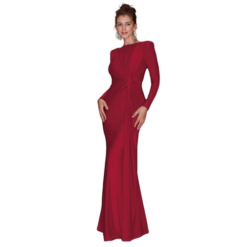 Image of RARITYUS Women's Elegant Knot Ruched Long Sleeve Maxi Dress Shoulder Pads Long Formal Dress Cocktail Evening Party Dress