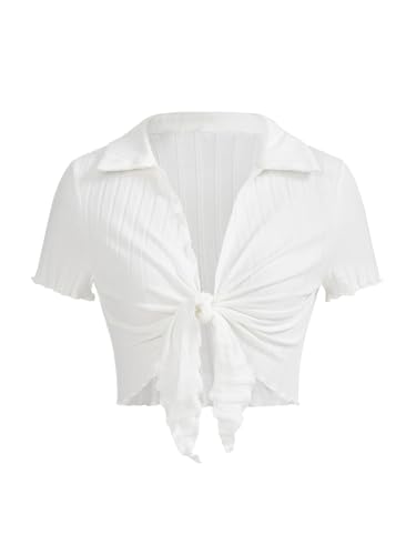 Milumia Women Tie Front Crop Tops Sexy Deep V Neck Y2k Going Out Rave Shirts White Small