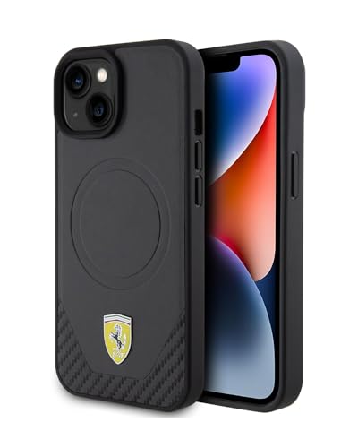 CG MOBILE Ferrari Phone Case Compatible with Magsafe and iPhone 15 in Black PU Bottom, PU Carbon Fiber Protective & Durable Case with Easy Snap-on, Shock Absorption & Signature Logo, FEHMP15SPTEK