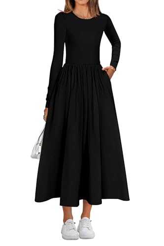 KIRUNDO Women Casual Long Sleeve Midi Dress 2025 Fall Wedding Guest Flowy Bohemian Modest Long Dresses with Pockets