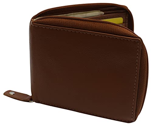 Men's Zipper RFID Blocking Premium Leather Zip-Around ID Bifold Wallet (Tan)