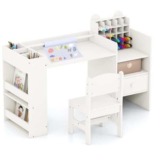 Image of Costzon Toddler Table and Chair Set, 2-in-1 Art Desk Set with Paper Roll | Drawing Table and Stool w / Cubby Cabinet, Storage Drawer and Side Book Rack for Drawing, Studying, Reading & Activity Play