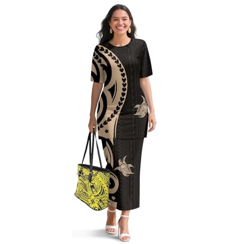 Zhangruoheng Fashion Short Sleeve Dress Polynesian Turtles 2 Piece Long Skirt Sets Outfits Going Out Short Sleeve Crop Top Long Maxi Skirt Set Plus Size Dress Set Black, X-Large