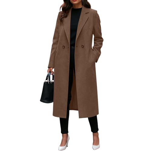Image of Qesulk Womens Long Wool Coats Notched Lapel Collar Single-Breasted Peacoat Long Pea Coat Wool Blend Overcoat Winter Outwear