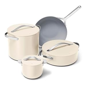 Caraway Cookware+ Collection – Specialty Cookware Set – Petite Cooker, Stir Fry Pan, Rondeau, & Stock Pot – 3 Lids & Storage Organizer Included – Cream