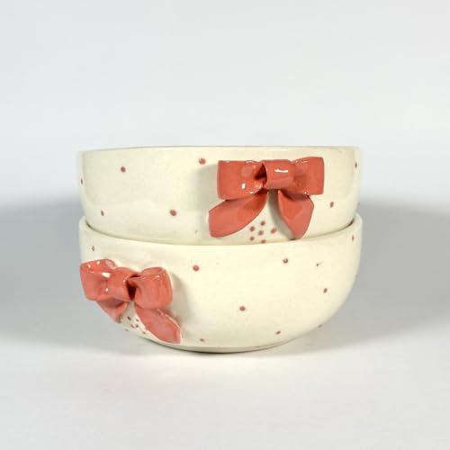 Image of SNS Handmade Ceramic Serving Bowl Set (Set of 2) | Microwave Safe Cute Ceramic Bowl Set | Aesthetic Snack, Salad, Cereal, Dessert & Soup Bowl | Premium Kitchen & Breakfast Bowl (Riva Red Bow Bowl)