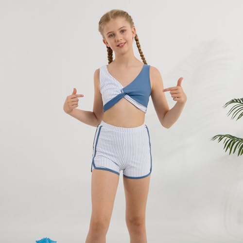 Weixinbuy Girls Swimsuit 3 Piece Teens Bathing Suit Tropical Print Bikini Sets Twist Cross Girls' Swimwear with Shorts Size 12-14 Blue Stripe — view 2