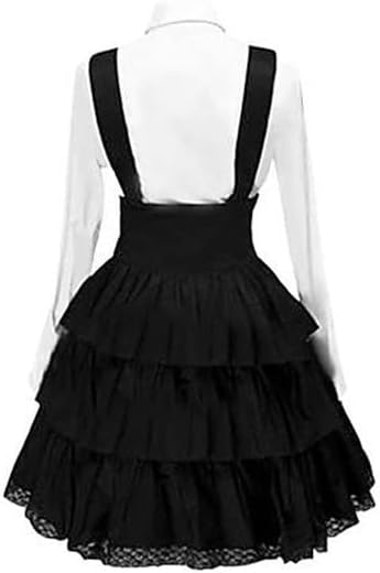 Womens Classic Long Sleeve White Shirt and Black Layered Lace Skirt Cosplay Suits Vintage Goth Lolita Dress Maid Dress
